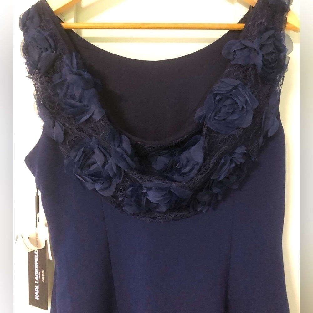 NWT Size 10 Karl Lagerfeld Navy Rosette Draped Back Cocktail Dress